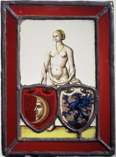 Kvinnelig nakenfigur som støtter to heraldiske skjold, ca. 1535 (pottemetall, blinket og klart glass, gul beis og svart glasslegememaling) av German School