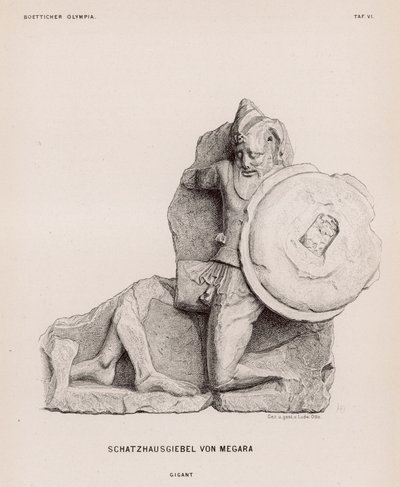 Figur av en gigant fra pedimentet til statskassen i Megara, Olympia, Hellas (gravering) av German School