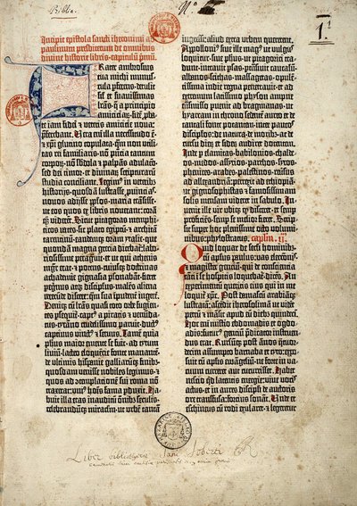 Første side av Bibelen på latin (vulgata) av Gutenberg utarbeidet i Mainz 1452 - 1454. Begynnelsen på epitre av Saint Hieronymus til presten Paulin som omhandler alle bøkene i Den hellige skrift. av German School