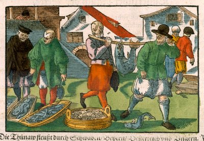 Fishmarket, fra et tysk manuskript, ca. 1650 (håndfarget tresnitt) av German School