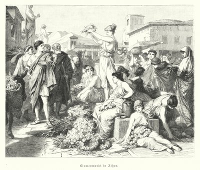 Blomstermarked i Athen, antikkens Hellas (gravering) av German School