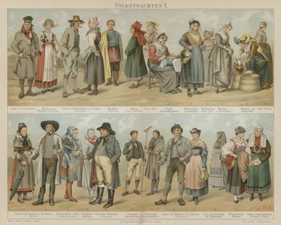 Folkedrakter (farge litho) av German School