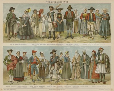 Folkedrakter (farge litho) av German School