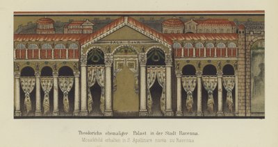 Tidligere palass til Theoderik den store, østgoternes konge, i Ravenna, Italia (farge litho) av German School