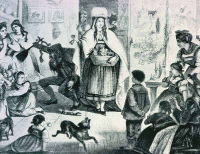 Frau Berchta bringer gaver til Rheinland (litho) av German School