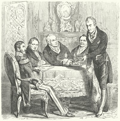 Frederick William III av Preussen i diskusjoner med sin statsminister, Karl August von Hardenberg og Klemens von Metternich, den østerrikske utenriksministeren (gravering) av German School
