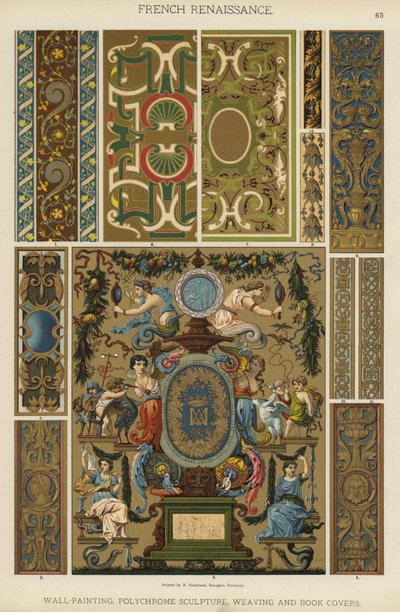 Fransk renessanse, veggmaleri, polykrom skulptur, veving og bokomslag (farge litho) av German School