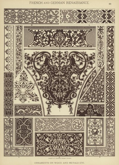 Fransk og tysk renessanse, ornamenter på tre og metaller etc (farge litho) av German School