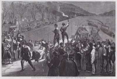Franske soldater såret i det siste mislykkede forsøket på å bryte ut fra beleiringen av Paris ved ankomst til Quai de la Megisserie, Franco Prussian War, januar 1871 (gravering) av German School