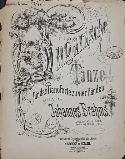 Frontispice av ungarske danser (Ungarische Tanze) av Johannes Brahms (1833-1897) av German School