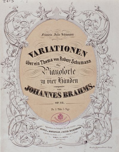 Frontispice av "Variations on a Theme av Robert Schumann" (Op. 23) av Johannes Brahms (1833-1897) av German School