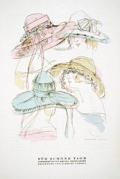 «Fur Schone Tage», reklame for sommerhatter fra Regina Friedlander, fra Styl, utgitt 1922 (pochoir-trykk) av German School
