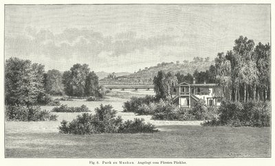 Hagedesign: Muskau Park, Tyskland, anlagt av prins Hermann von Pueckler-Muskau (gravering) av German School