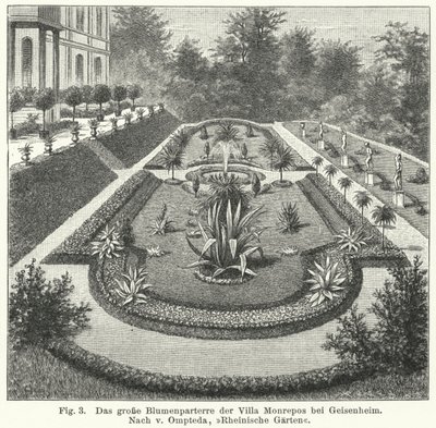 Hagedesign: stor parterre ved Monrepos, eiendom til bankmann og amatørastronom Heinrich Eduard von Lade, Geisenheim, Tyskland (gravering) av German School