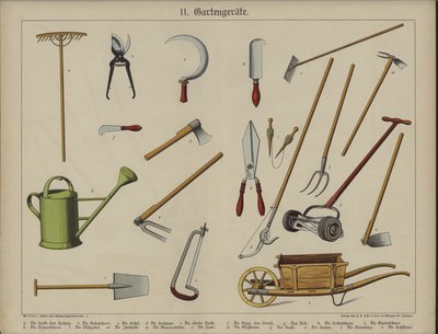 Hageredskaper (farge litho) av German School