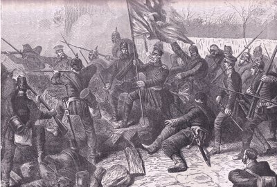 General von Budretzky ledet angrepet på Le Bourget, Cassells History of the War between France and Germany utgitt av Cassell and Company Limited, ca. 1890 (litho) av German School