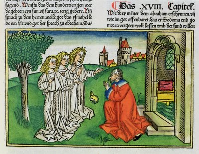 1. Mosebok 18 2 Abraham og de tre englene, fra Nürnbergbibelen (Biblia Sacra Germanaica) (farget tresnitt) av German School