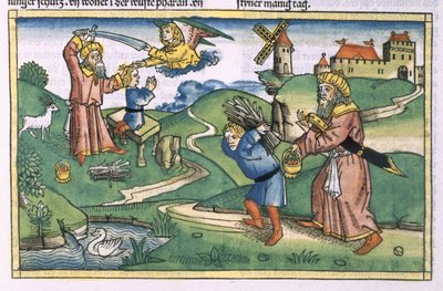 1. Mosebok 21 1-14 Abrahams ofring av Isak, fra Nürnbergbibelen (Biblia Sacra Germanaica) (farget tresnitt) av German School