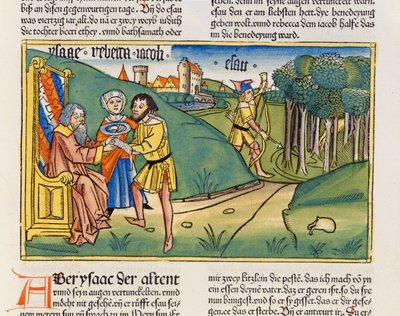 1. Mosebok 27 6-29 Jakob får Isaks velsignelse, fra Nürnbergbibelen (Biblia Sacra Germanaica) (farget tresnitt) av German School