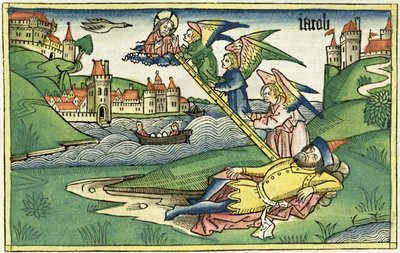 Genesis 28 10 Jacobs Ladder, fra Nürnbergbibelen (Biblia Sacra Germanaica) (farget tresnitt) av German School