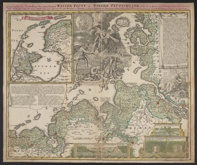 Geografisk presentasjon av den elendige vannflommen i Nedre Tyskland, som fant sted 25. desember 1717, ca. 1718 (trykk) av German School