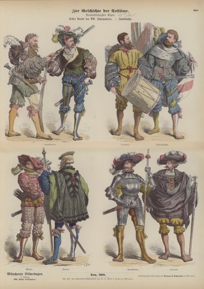 Tyske Landsknechte (leiesoldater), tidlig på 1500-tallet (farget gravering) av German School