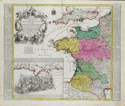 Tysk kart som viser engelske marineangrep på franske havner i 1758 av German School