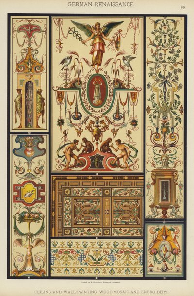 Tysk renessanse, tak- og veggmaling, tre-mosaikk og broderi (farge litho) av German School
