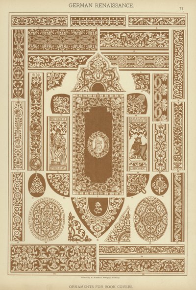 Tysk renessanse, ornamenter for bokomslag (farge litho) av German School