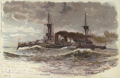 Tysk slagskip SMS Weissenburg, sent på 1800- eller tidlig på 1900-tallet (farge litho) av German School