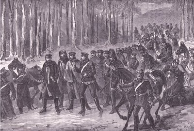 Tysk kavaleri på vei til Paris, Cassells historie om krigen mellom Frankrike og Tyskland utgitt av Cassell and Company Limited, ca. 1890 (litho) av German School