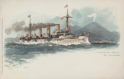 Den tyske krysseren Gefion i Napolibukta, Italia (chromolitho) av German School