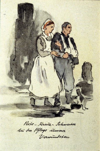 Tysk sykepleier støtter en såret mann. 1942. av German School