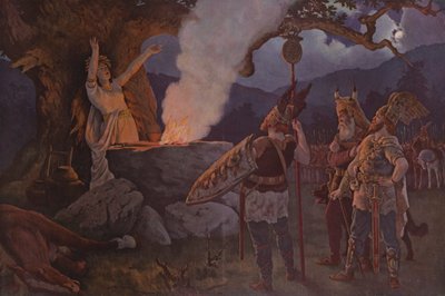 Germanske krigere som konsulterer en spåmann (fargelitografi) av German School