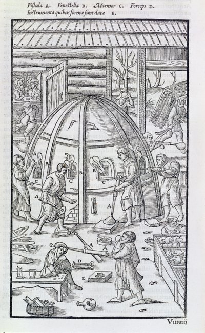 Glassverk, illustrasjon som viser marmorovnen og glassblåsere (tresnitt) av German School