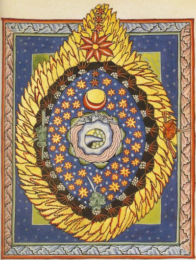 Gud, kosmos og menneskeheten. Miniatyr fra Liber Scivias av Hildegard av Bingen, ca. 1175 (akvarell på pergament) av German School