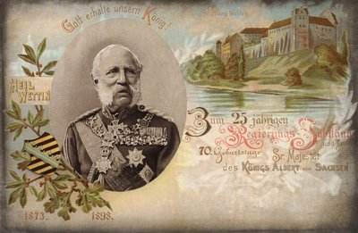 Gud bevare vår konge! For 25-årsjubileet for regjeringen og 70-årsdagen til Hans Majestet Kong Albert av Sachsen. Wettin Castle, 1898 av German School