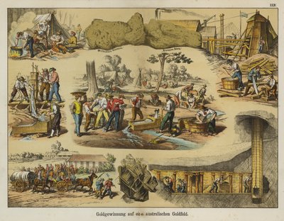 Gullutvinning i gullfeltene i Australia (farge litho) av German School