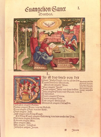 Matteusevangeliet, bok I, fra Lutherbibelen, ca. 1530 (farget tresnitt) av German School