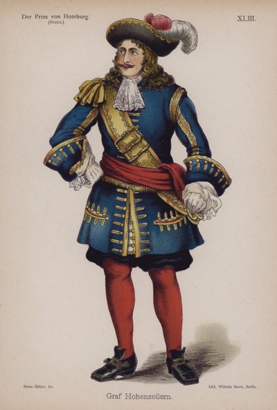 Graf Hohenzollern, fra Der Prinz von Homburg (Prinsen av Homburg) av Heinrich von Kleist (farge litho) av German School