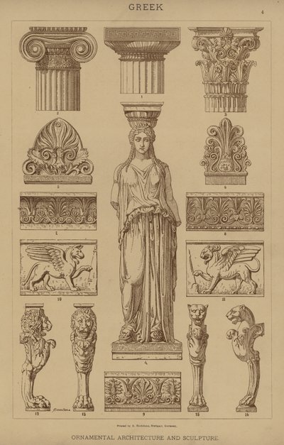 Gresk, dekorativ arkitektur og skulptur (farge litho) av German School
