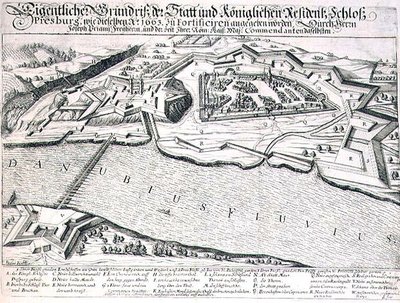 Grunnplan over byen og slottet Pressburg og dens festningsverk i 1663, illustrasjon fra en bok om de osmanske felttogene i Europa, gravert av Paul Furst (ca. 1605-66) (gravering) av German School