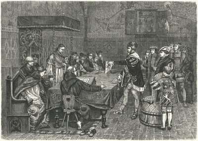 Gustav I Vasa, konge av Sverige, konfronterer Peter Sunnanvader, biskop av Västerås av German School