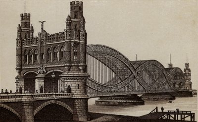 Hamburg: Neue Elbbrücke, Ny bro over Elben (litho) av German School