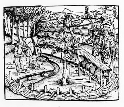Glade ektemenn som passer bier, illustrasjon fra Georgics av Virgil, bok IV, fra Sebastian Brants (1457-1521) utgave, utgitt 1502 av German School
