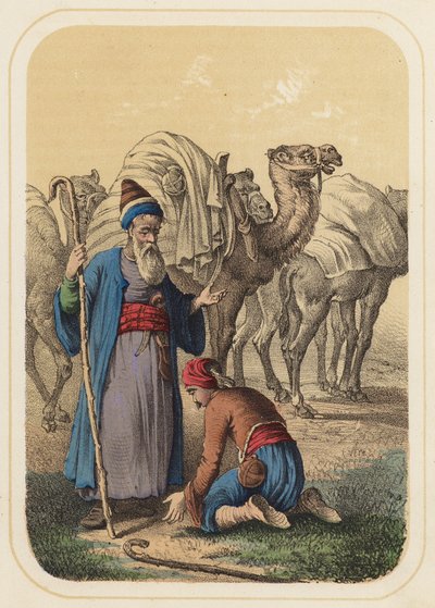 Harun al Rashid og Abdallah i en scene fra Tusen og én natt (farge litho) av German School