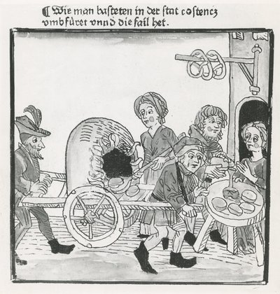 Hawker of Pancakes and Pretzels, under konsilet i Konstanz i 1417, etter et inkunabulum, ca. 1485 (penn og blekk på papir) av German School