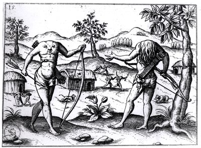Hodeløse menn og kvinner, illustrasjon fra Sir Walter Raleighs beretning om Guyana, publisert i Nürnberg, 1599 av German School