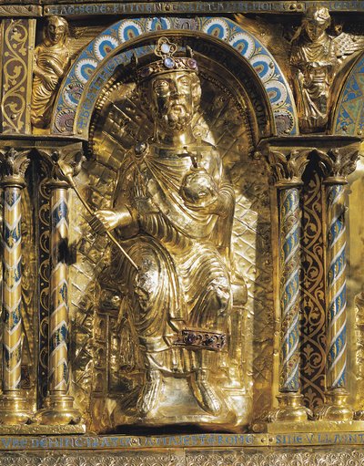 Henry II (973-1024 også kjent som St. Henry, den hellige romerske keiser, detalj fra helligdommen til keiser Karl den store (742-814) 1215 (gull og champleve-emalje) av German School
