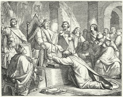 Henry the Lion, hertugen av Sachsen, underkaster seg Frederick Barbarossa i Erfurt av German School